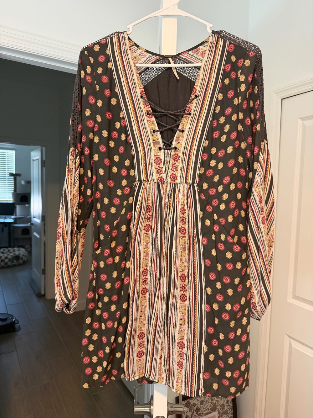 Free People Multicolor Floral Stripe Lace-Up Long Sleeve Dress
